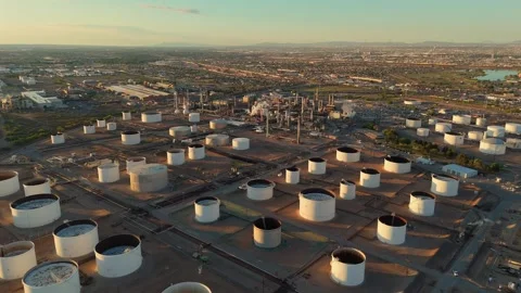 Aerial View of Refinery Units and Connected Fuel Storage Tanks Stock Footage 334951227