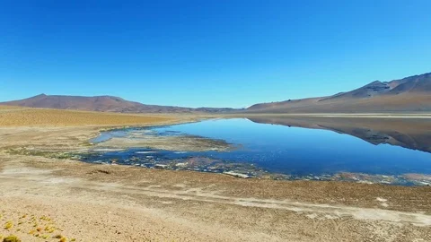 Aerial view of reflection of Salar de Tara, Atacama desert lake, Chile Stock Footage 72178945