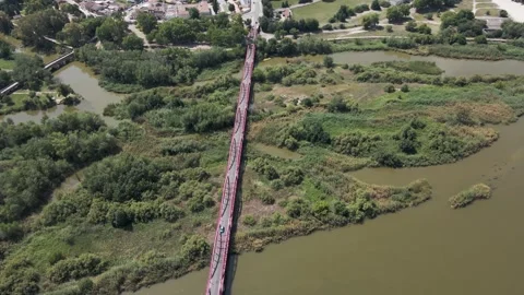 Aerial view of Reina Sofia bridge in Talavera de la Reina, Spain. Video stock 245749736