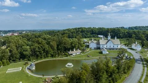 Aerial View Religious Complex With Multiple White Buildings Shining Golden Domes Stock Photos