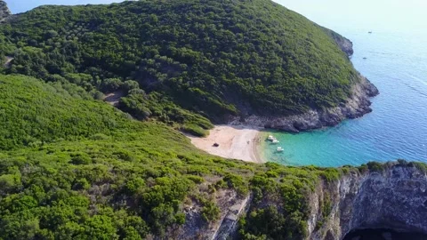 Aerial view of remote and secluded beach in Corfu island Greece 動画素材 135356503