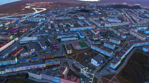 Aerial view of the remote arctic city of Anadyr in Russia Stock Footage 337058134