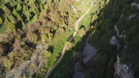 Aerial View of Remote Mountain Base Camp and SUVs Video stock 331654115