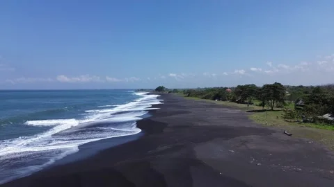 Aerial View of Remote Volcanic Black Sand Beach Coastline and Ocean Waves in Stock Footage 344991444