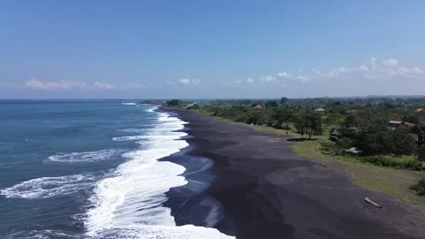 Aerial View of Remote Volcanic Black Sand Beach Coastline and Ocean Waves in Stock Footage 344991614