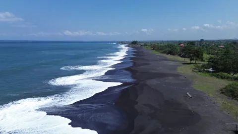 Aerial View of Remote Volcanic Black Sand Beach Coastline and Ocean Waves in Stock Footage 344991672
