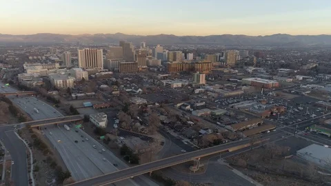Aerial view of Reno Nevada with speed ramp Stock Footage