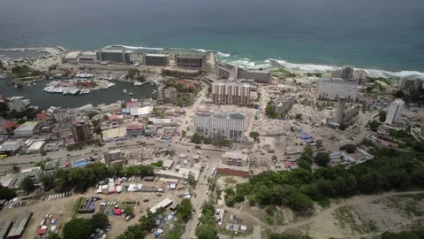 Aerial view of rescue operations and humanitarian aid near collapsed buildings Stockbeeldmateriaal 341750602