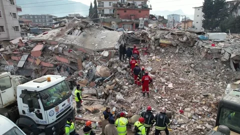 Aerial View of Rescue Team Saving Trapped People After Earthquake, February 8, Video stock 336517306