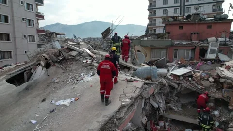 Aerial View of Rescue Team Saving Trapped People After Earthquake, February 8, Vídeo Stock 336517890