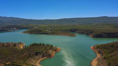 Aerial view of the reservoir with low level of water during a long drought Stock Photos