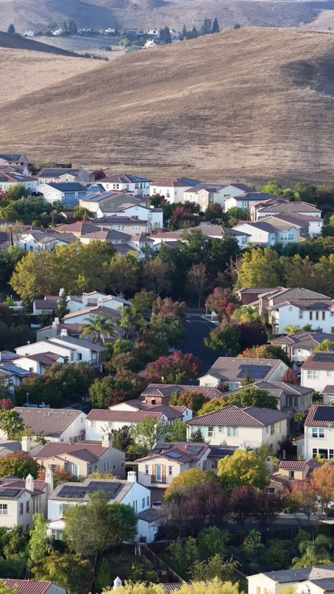 Aerial View Of Residential Blocks At Sunset in San Ramon, California Stock Footage 345217469