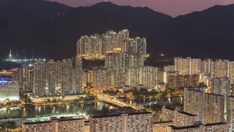 Aerial view of residential district of Hong Kong city at night Stock Footage