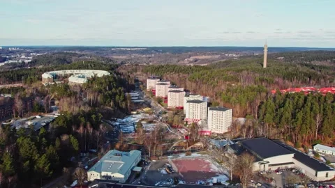 Aerial view of residential tower blocks along Teleskopgatan in the Bergsjön 스톡 동영상 341624006