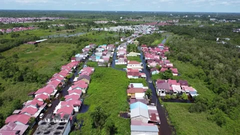 Aerial view of residents' activities experiencing flooding in a residential.. Stock Footage 329922331