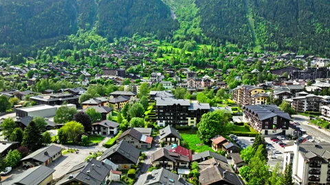 Aerial view of the resort area Chamonix Valley in the heart of the French Alps. Stock Footage 274306620