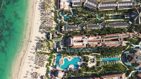 Aerial view of resort complex with hotels lines shore, ideal travel destination Stock Footage 271008988