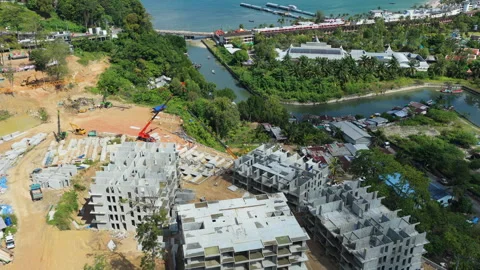 Aerial View of Resort Construction Beside Canal in Phuket Stockbeeldmateriaal 341493689