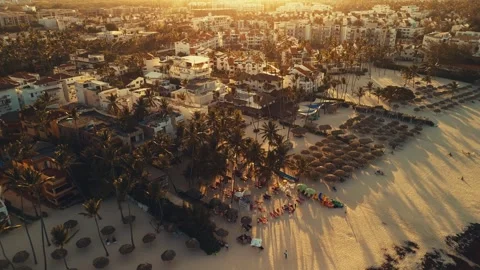 Aerial view of resort with public white sand beach of Bavaro. Turquoise waters Stock Footage 305426341