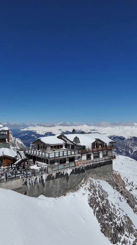 Aerial view of Restaurant Le Panoramic  at Saulire summit Stock Footage 335626109