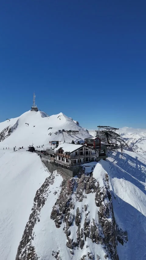 Aerial view of Restaurant Le Panoramic  at Saulire summit Stock Footage 335627875