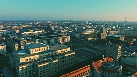 Aerial view revealing Leipzig Opera house at sunset Stock Footage 233801792