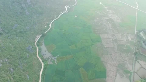An aerial view reveals a patchwork of green fields and farmland Stock Footage 312302554