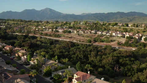 Aerial view in reverse of Trabuco Canyon landscape in Southern California Stock Footage 293530004