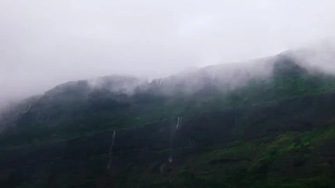 Aerial View of the Reverse Waterfall in Harishchandragad Wildlife Sanctuary Stock Footage 342701774