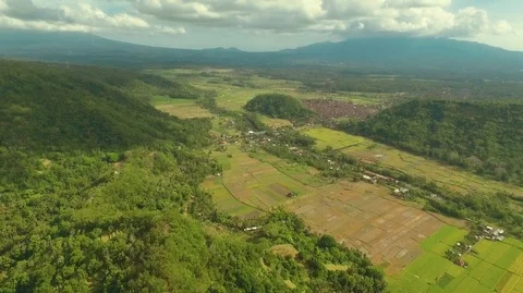 Aerial view of rice fields and small town between hills in Candidasa, Bali Video stock 77729066