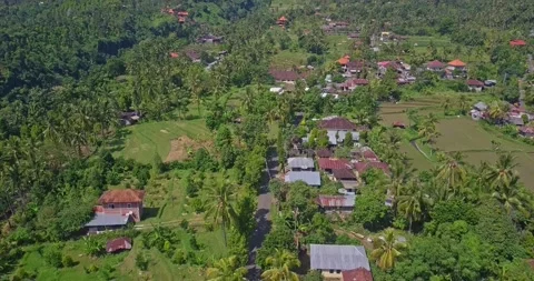 Aerial view to rice fields and vilages landscape inland in Bali Indonesia Stock Footage 141537945