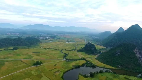 Aerial view of rice fields and mountains in a rural valley Stock Footage 311816857