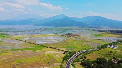 Aerial view of rice fields and highway near Semarang, Indonesia. Stock Footage 341968492