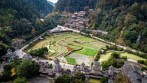 Aerial view of rice fields in front of Zhaoxing Dong Village in Guizhou, Chin Stock Photos