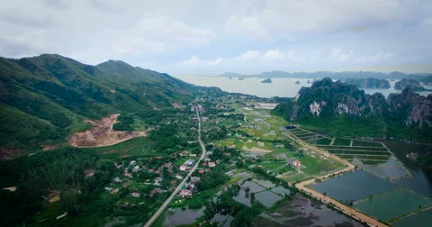 Aerial view of rice fields, mountains and sea Vietnam Stock Footage