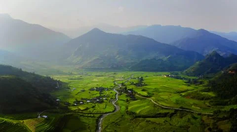 Aerial view of rice fields planted in steps Stock Photos