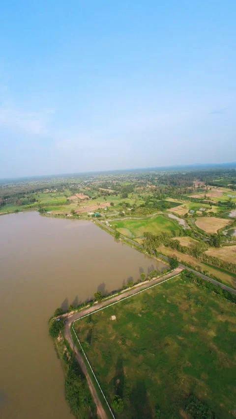 “Aerial View of Rice Fields, Pond, and Countryside Road in Thailand” Stock Footage 312032091