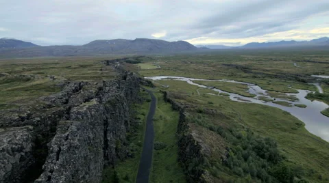 Aerial view of Rift zone Thingvellir Golden Circle Iceland Stock Footage