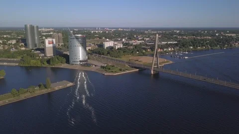 Aerial view on Riga Automobile Cable-stayed bridge and Daugava river Video stock 90790879