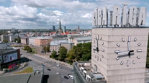 Aerial view of the Riga central train station tower with name of the city and Stock Footage 201405882