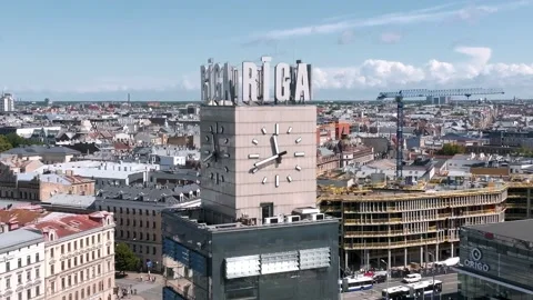 Aerial view of the Riga central train station tower with name of the city and Vidéo 201407580