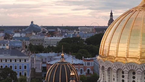 Aerial View of Riga Nativity Cathedral Golden Dome Stock Footage 343979605