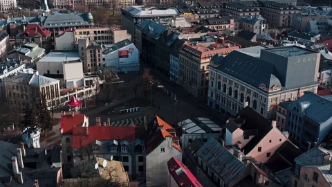 Aerial View Of The Riga Old Town and Freedom Monument Stock Footage