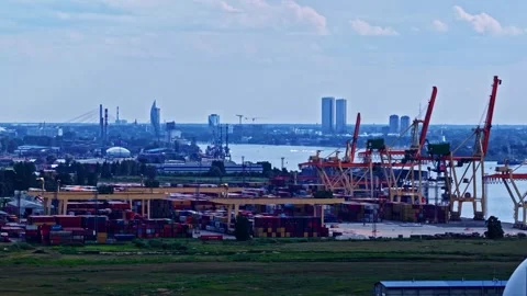 Aerial view of Riga port and cityscape, Latvia. Stock Footage 345006265