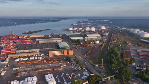 Aerial view of Riga port with cargo containers railway tracks industrial 스톡 동영상 345081955