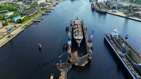 Aerial view of Riga Port shipyard with cargo ship, Latvia. Stock Footage 340566904