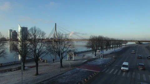 Aerial view of Riga river and Vansu Bridge Stock Footage 58935663