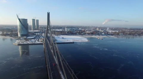Aerial view of Riga river and Vansu Bridge Video stock 58935995