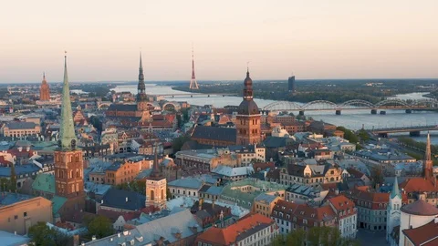 Aerial view of Riga before sunset Stock Footage