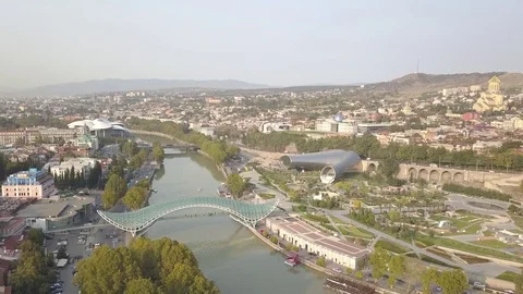 Aerial view of Rike Park. Bridge of Piece. Tbilisi. Georgia Stock-Footage 83557997